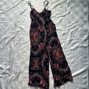 Patrons of Peace Black Floral Wide-leg Cropped Jumpsuit
